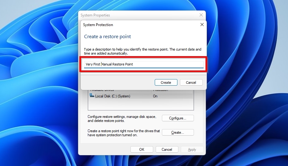 System Protection Naming Restore Point
