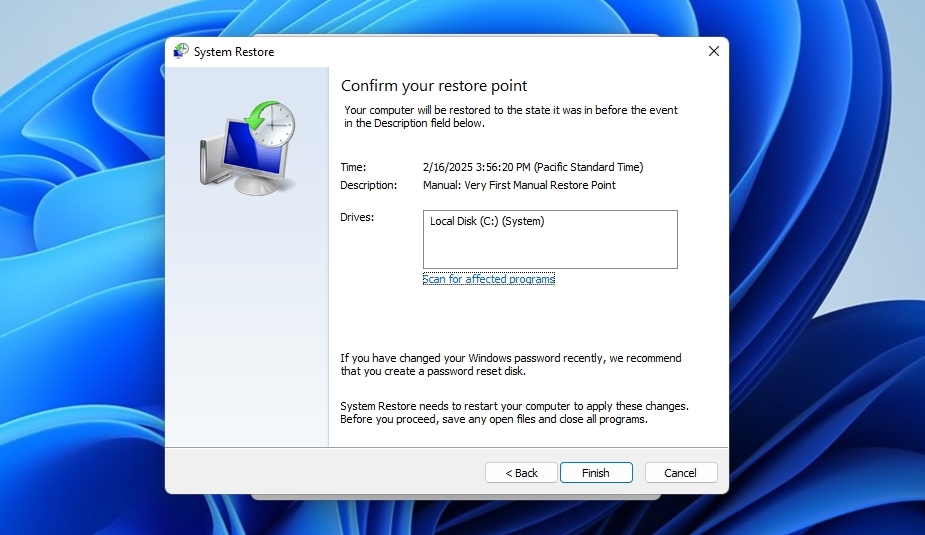 System Protection Restore Point Confirmation