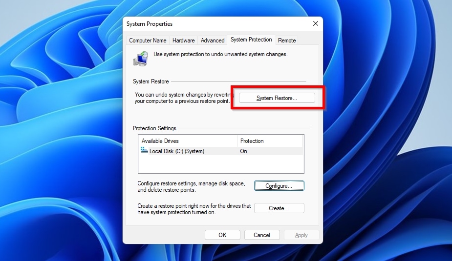 System Protection System Restore Option