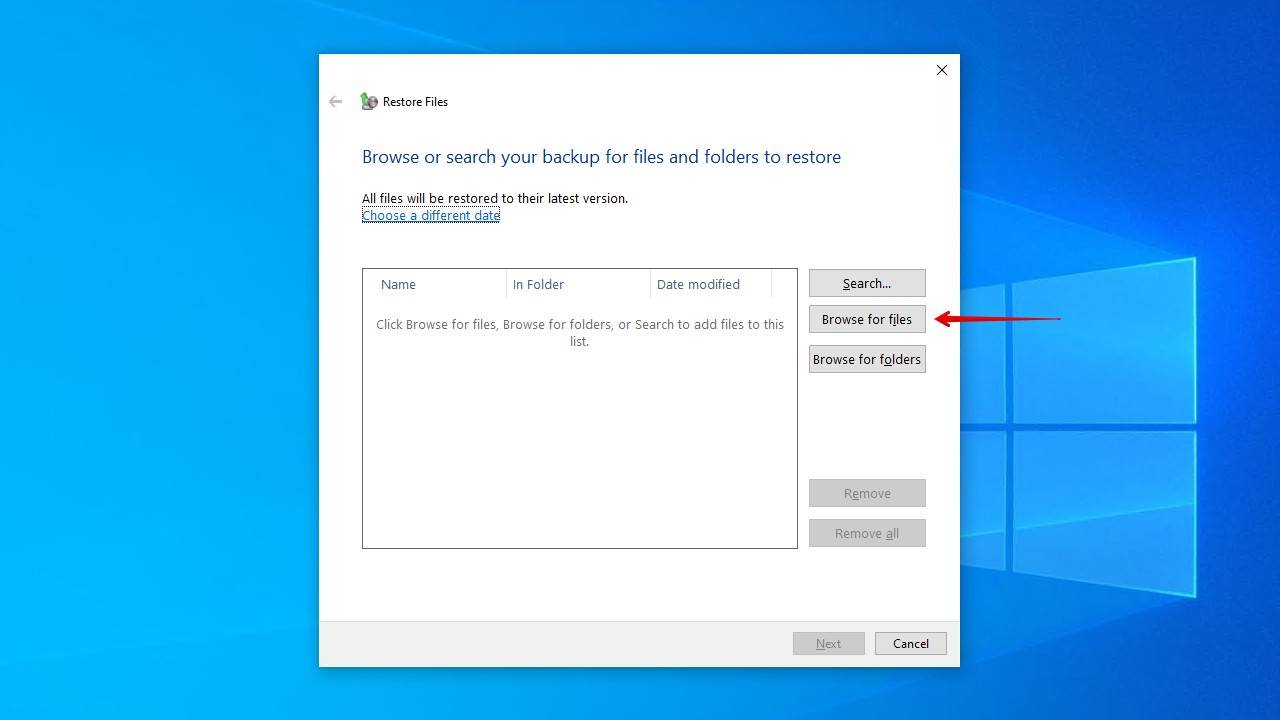 Choosing the data to restore.