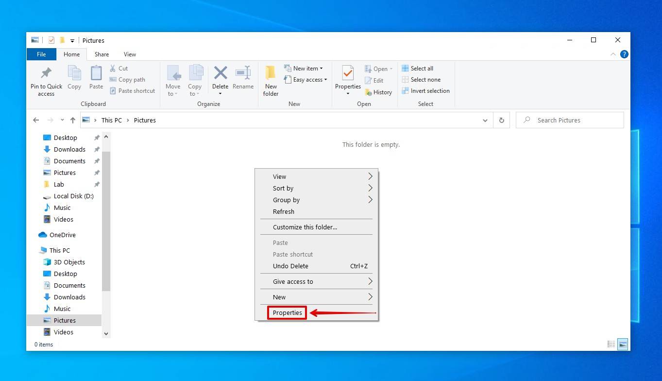 Opening folder properties.