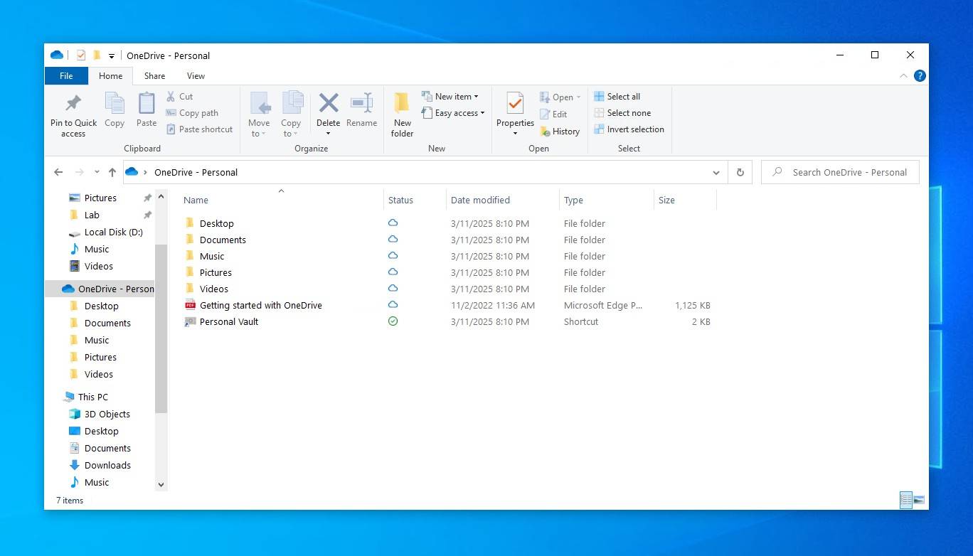 The OneDrive folder on Windows 10.