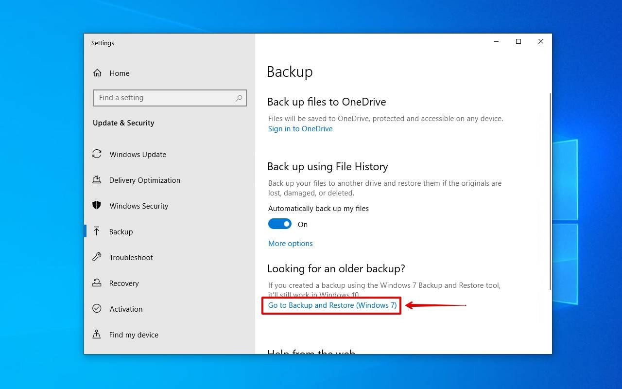Opening Backup and Restore.
