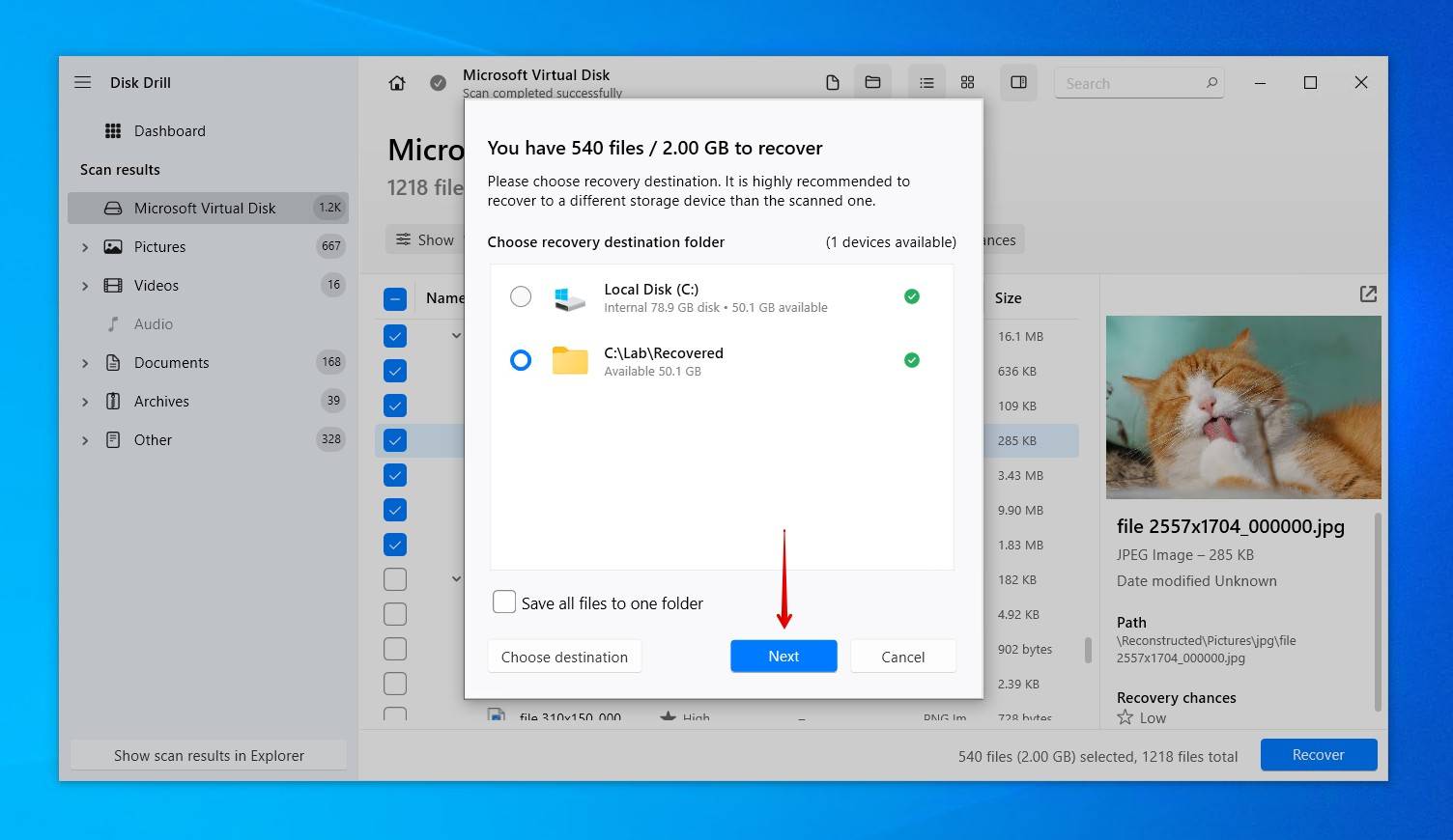 Choosing a recovery location.