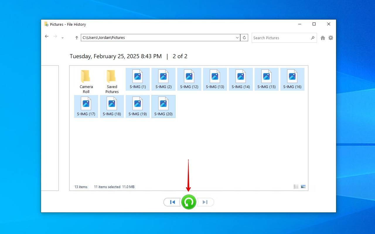 Restoring the selected files using File History.