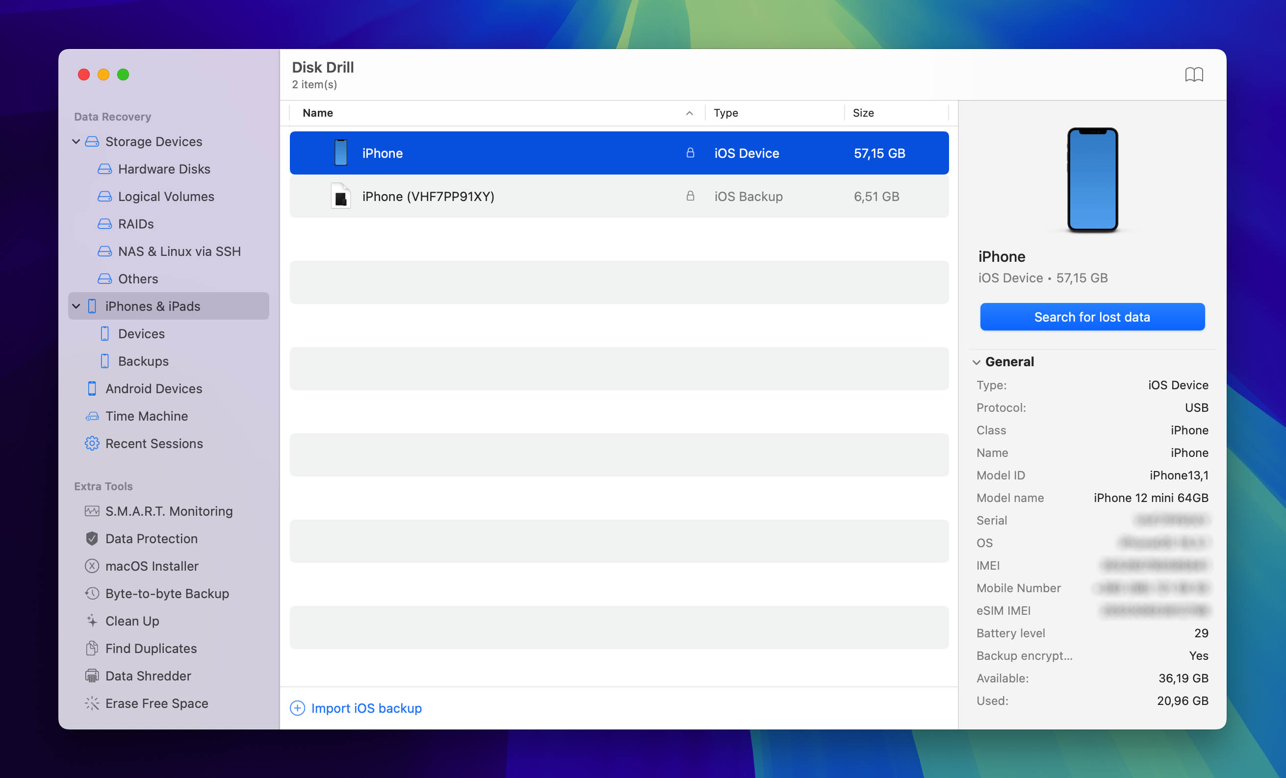 select iPhone for scan in disk drill