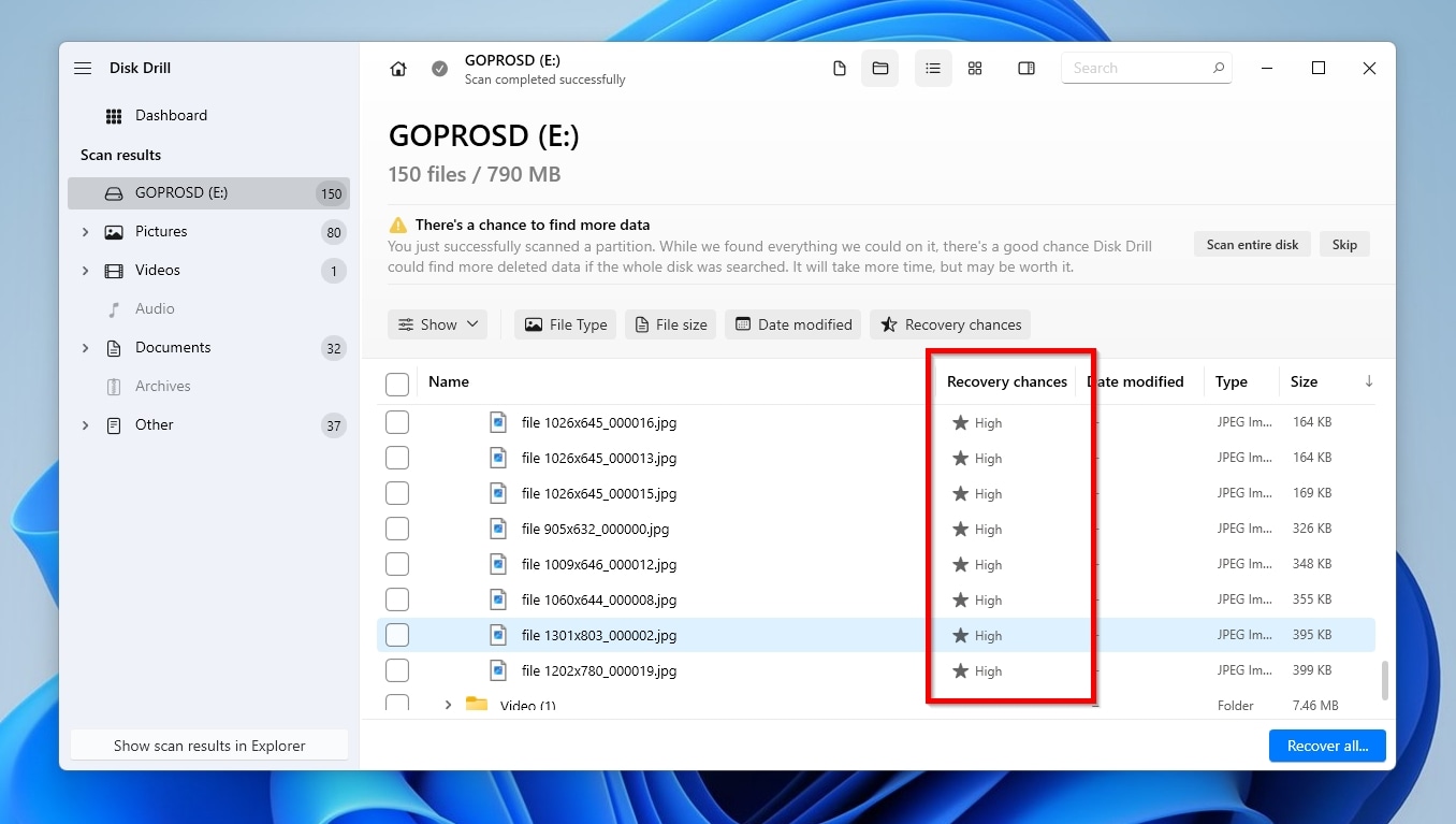 Disk Drill Results List Recovery Chances