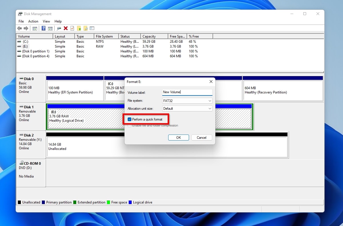 Disk Management Format Perform a Quick Format