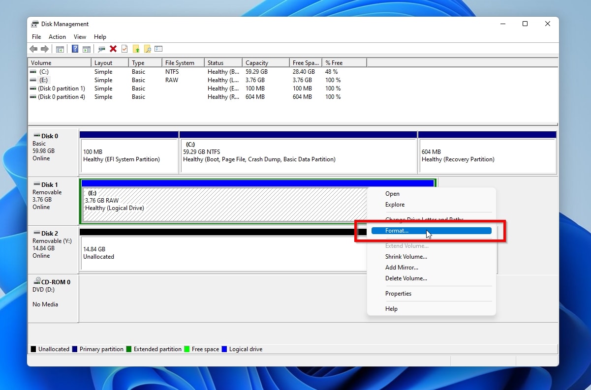 Disk Management Format RAW Partition
