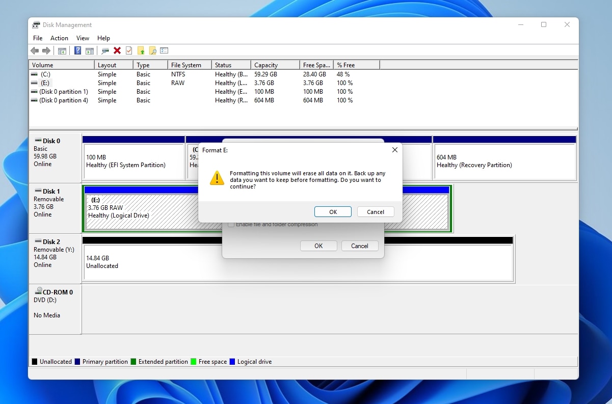 Disk Management Format Warning