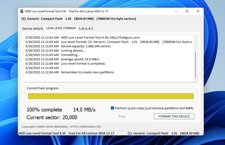HDDGuru Low Level Format Tool Format Complete