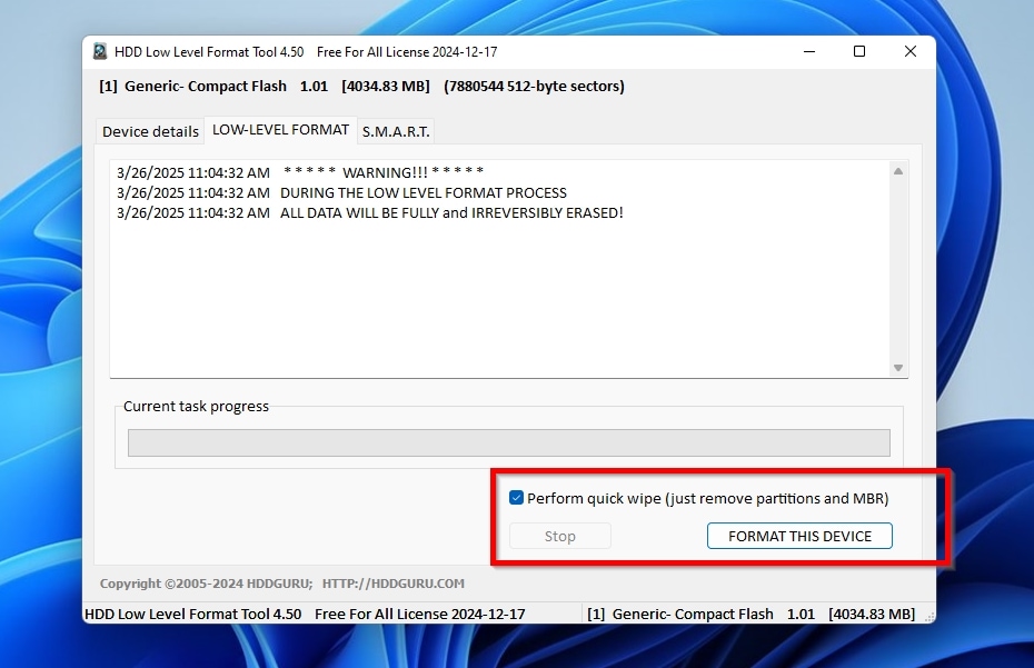 HDDGuru Low Level Format Tool Perform a Quick Wipe And Format This Device