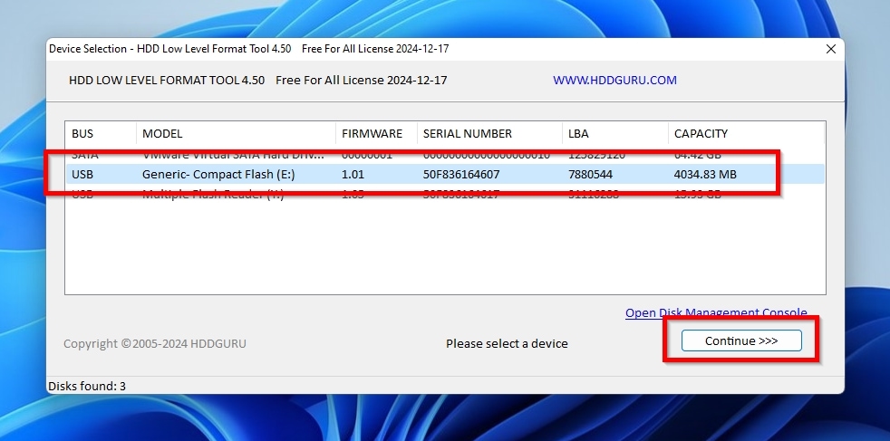 HDDGuru Low Level Format Tool Select RAW SD Card And Continue