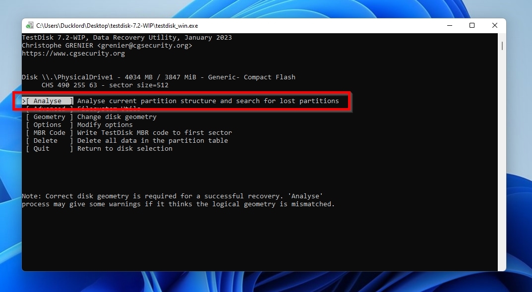 TestDisk Analyse Current Partition Structure And Search For Lost Partitions