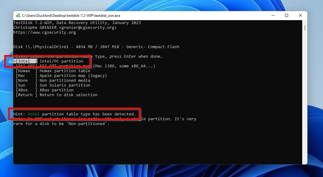 TestDisk Choosing Partition Table Type