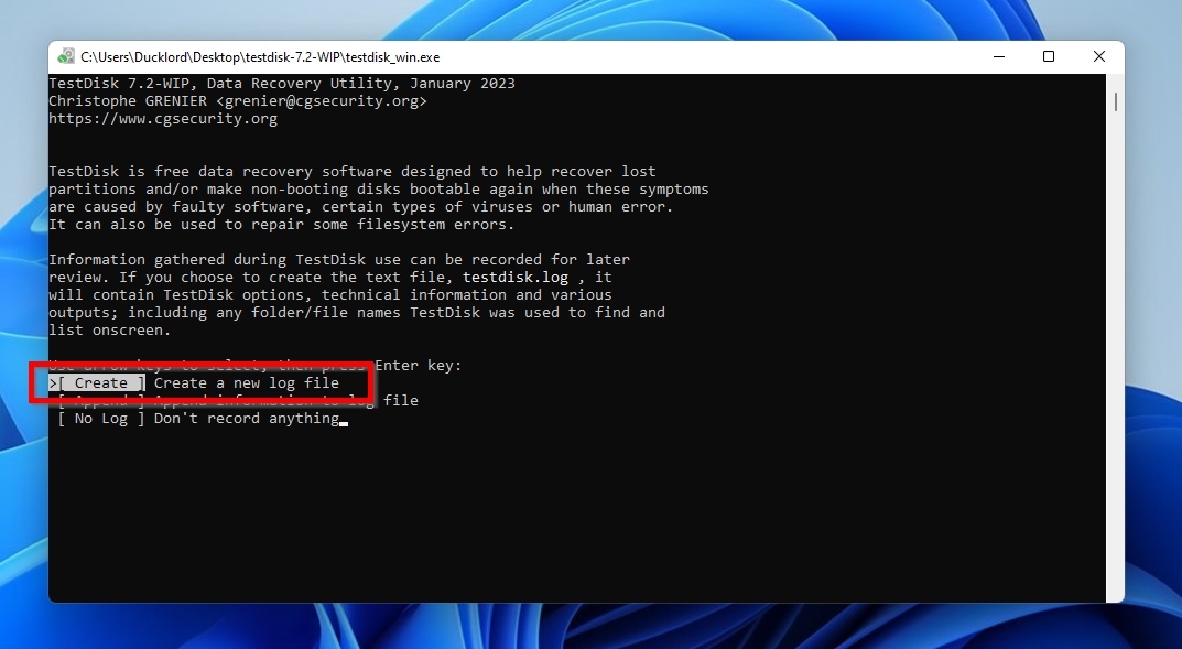 TestDisk Create New Log File