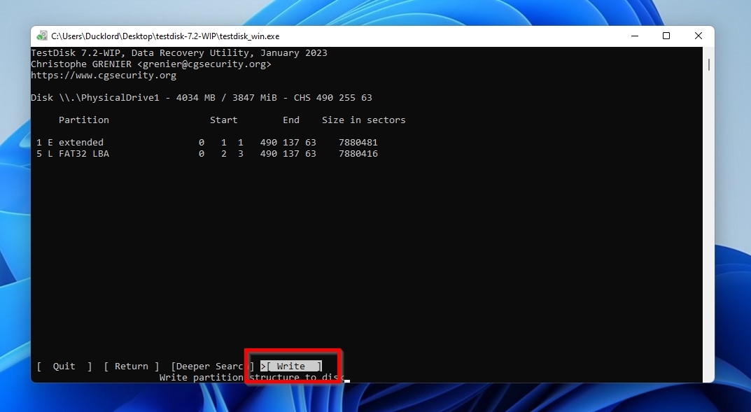 TestDisk Partition Table Write