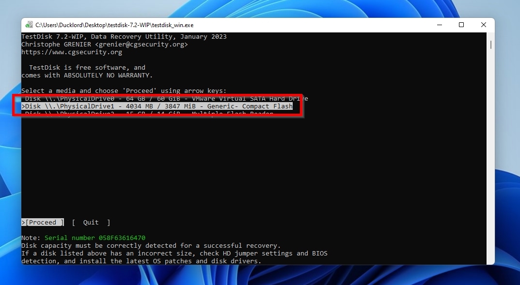 TestDisk Select RAW SD Card