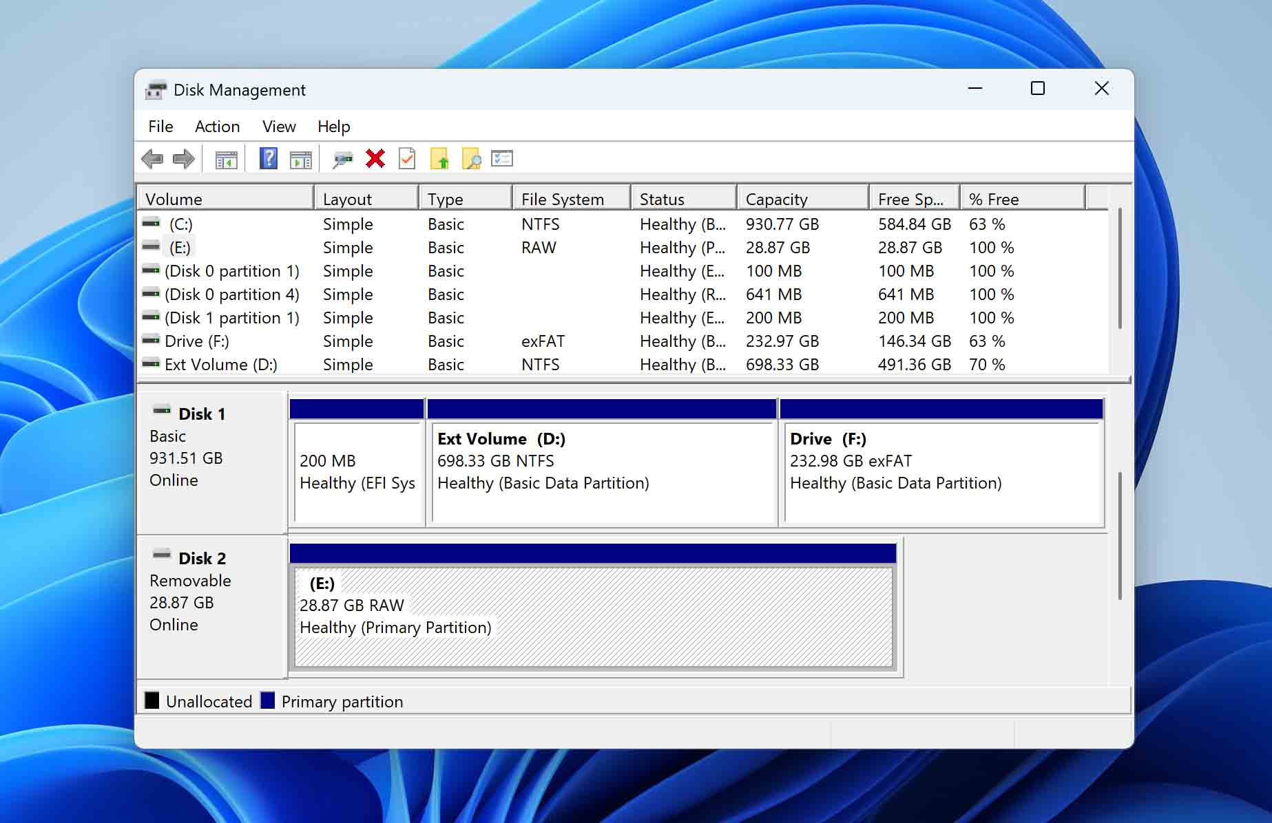 RAW SD card in Disk Management