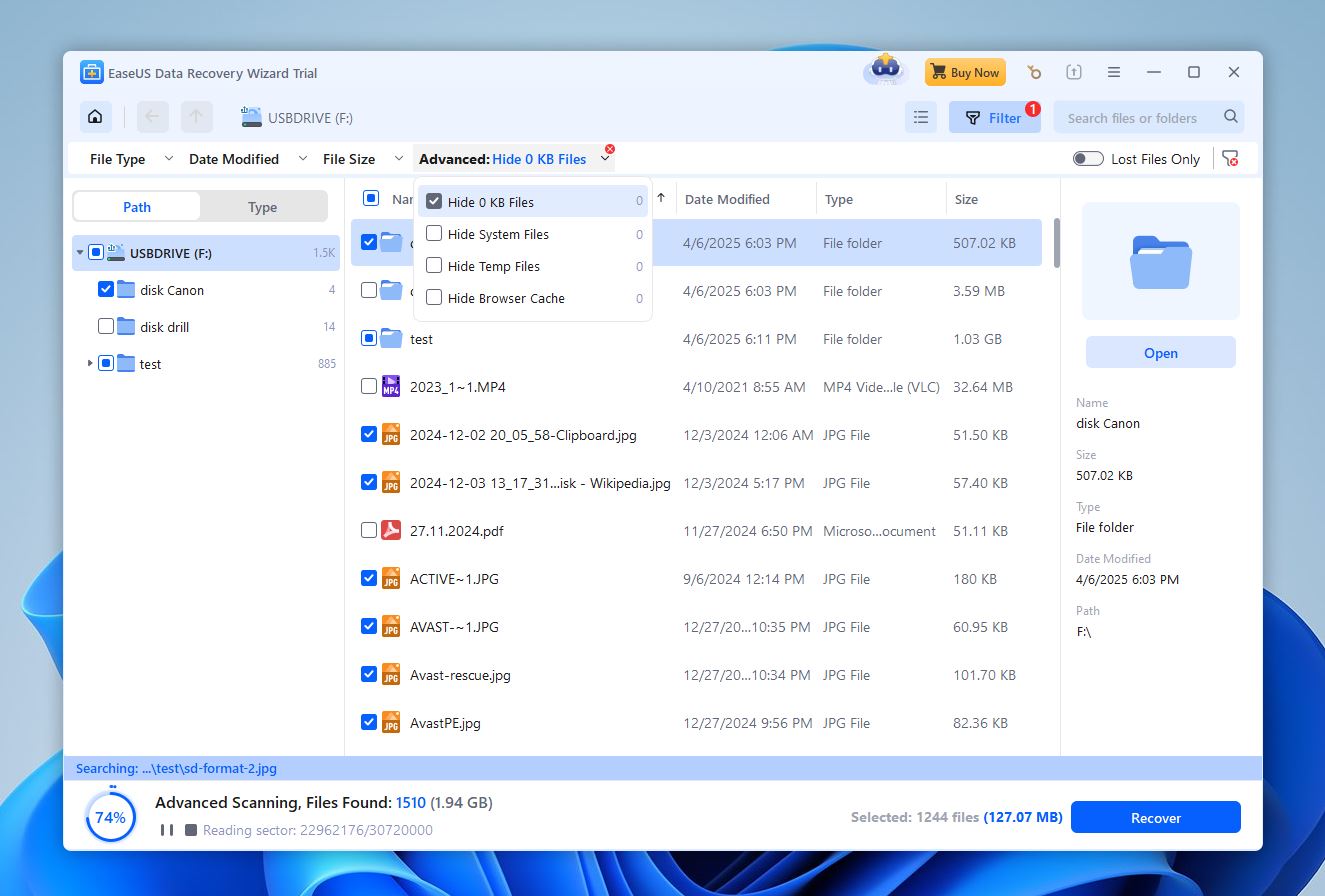 filter scan results in easeus