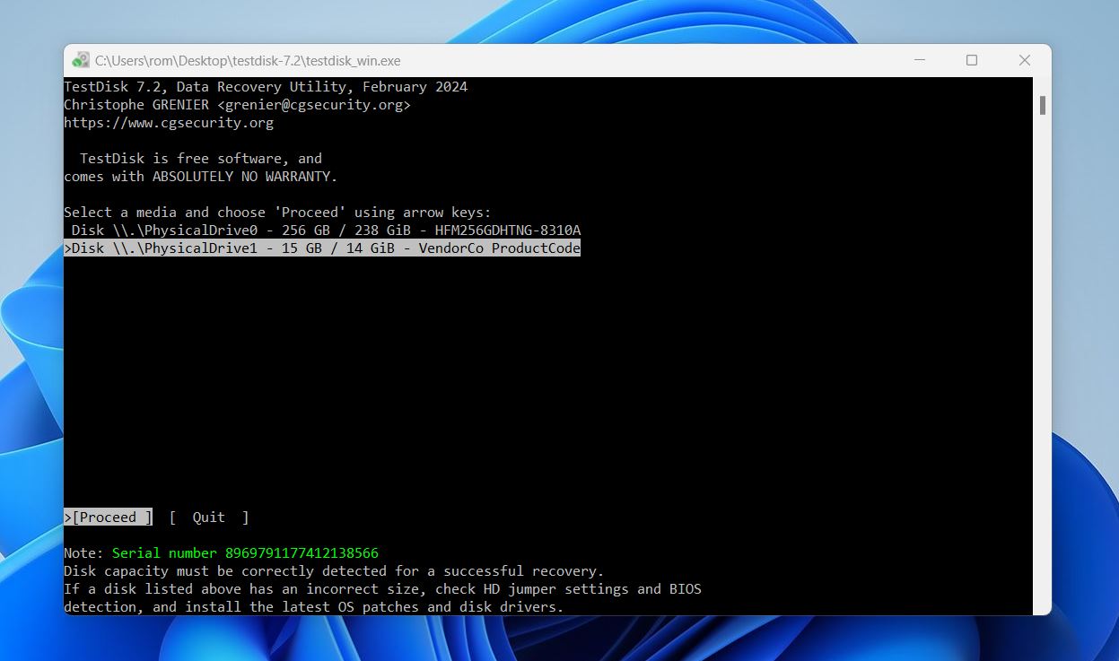 select drive for scan in testdisk