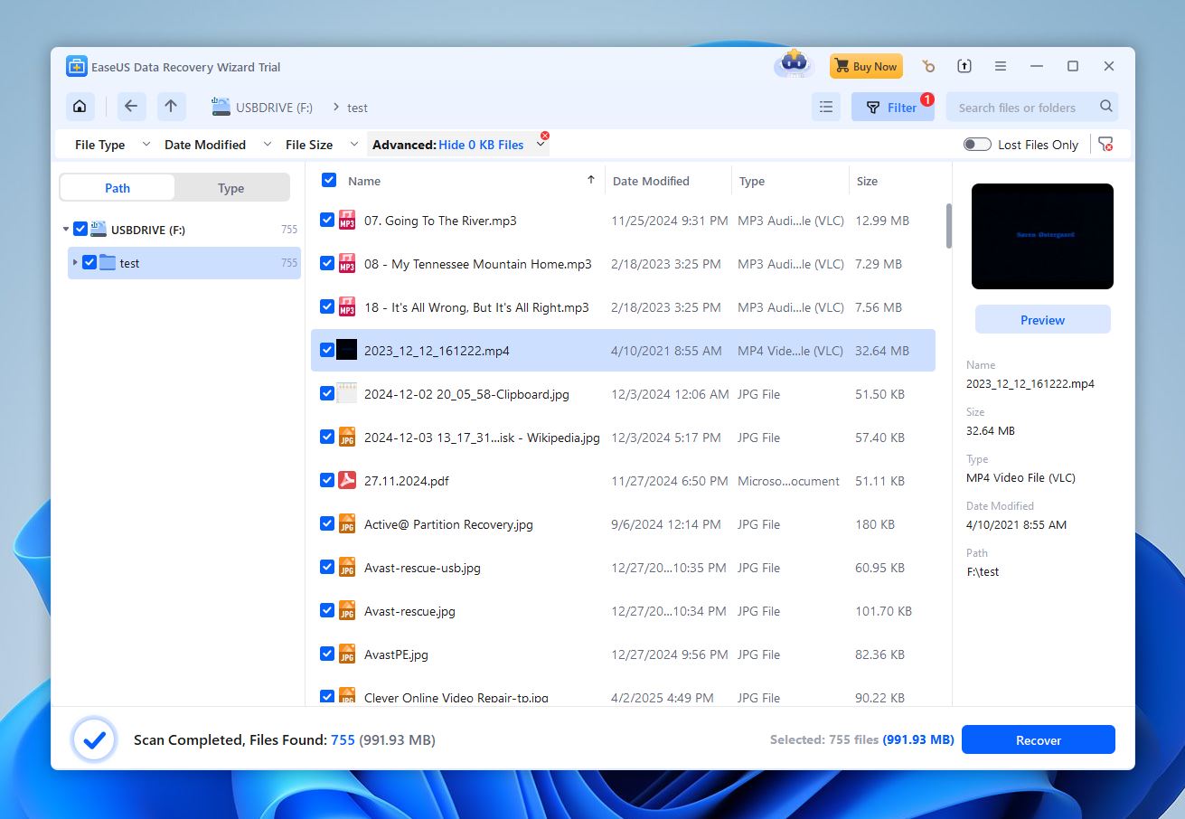 select files for recovery in scan results