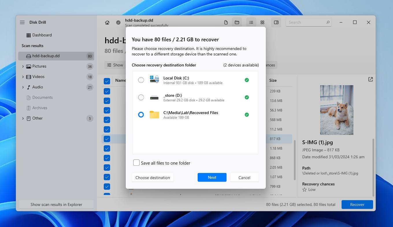 Confirming data recovery.