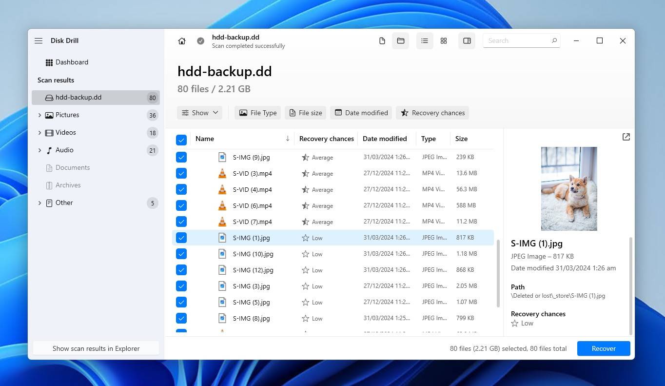 Selecting the files to be recovered.