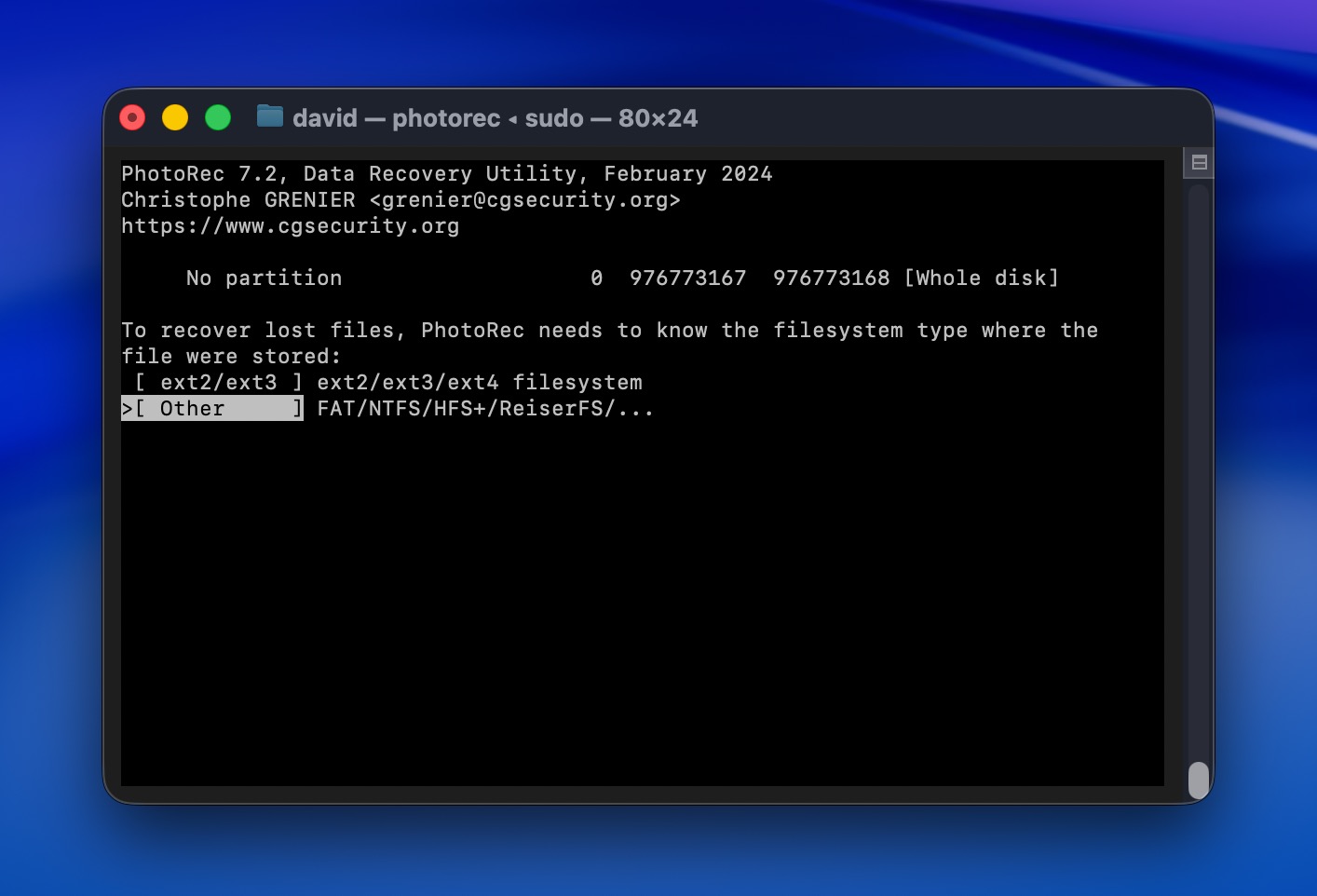 PhotoRec file system select