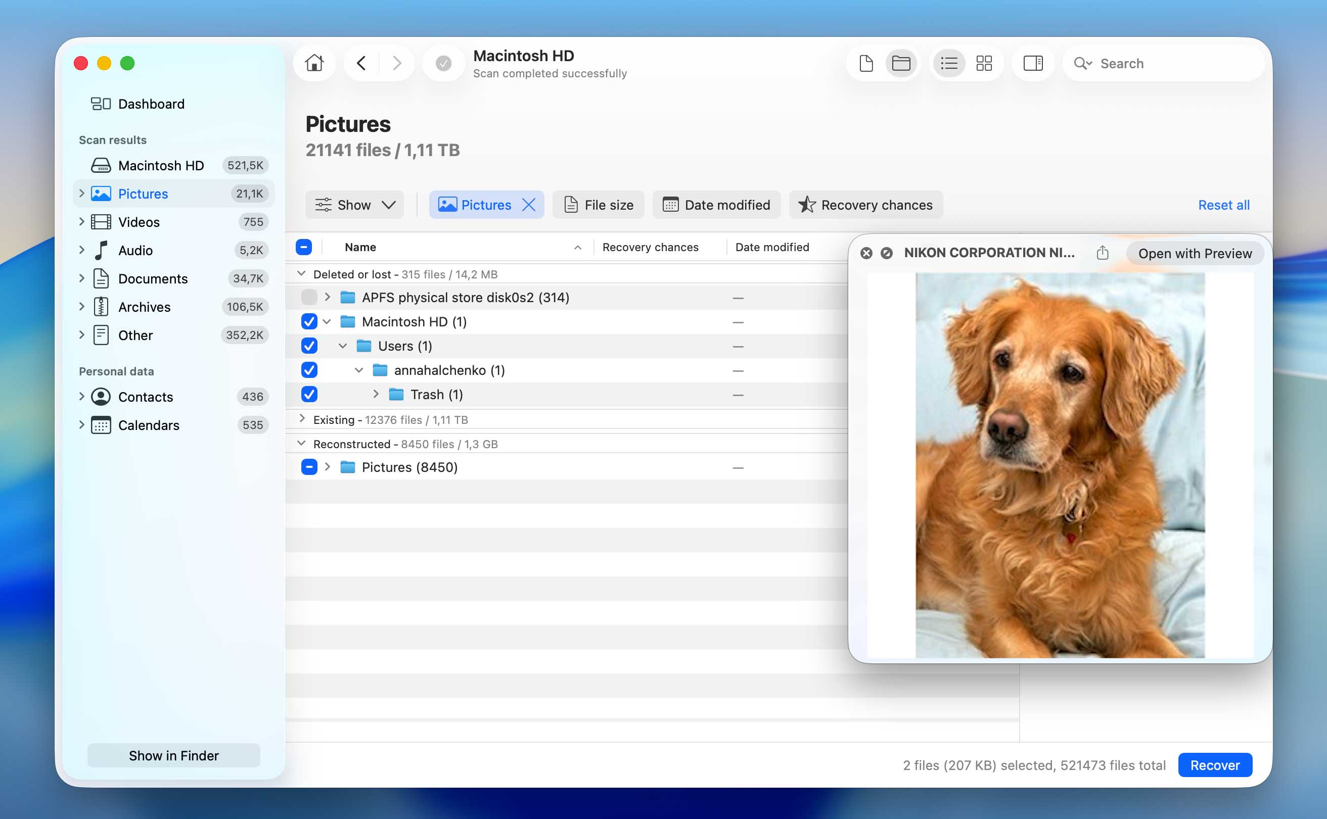 select the files to recover from the apfs disk