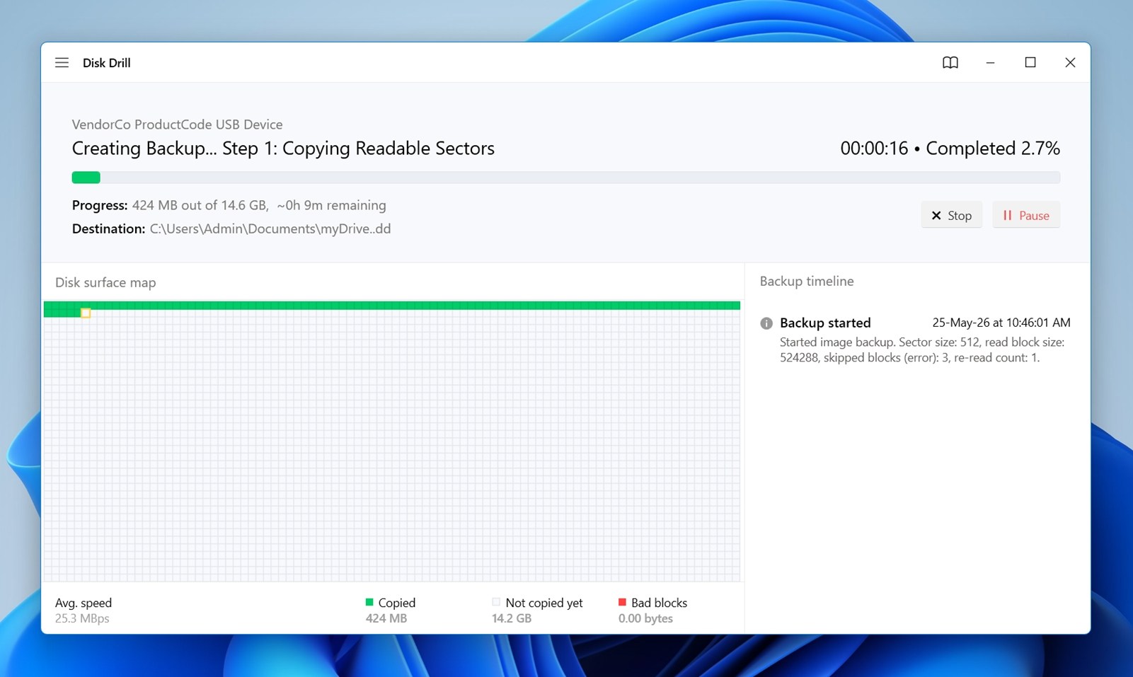 Disk Drill creates the backup image.