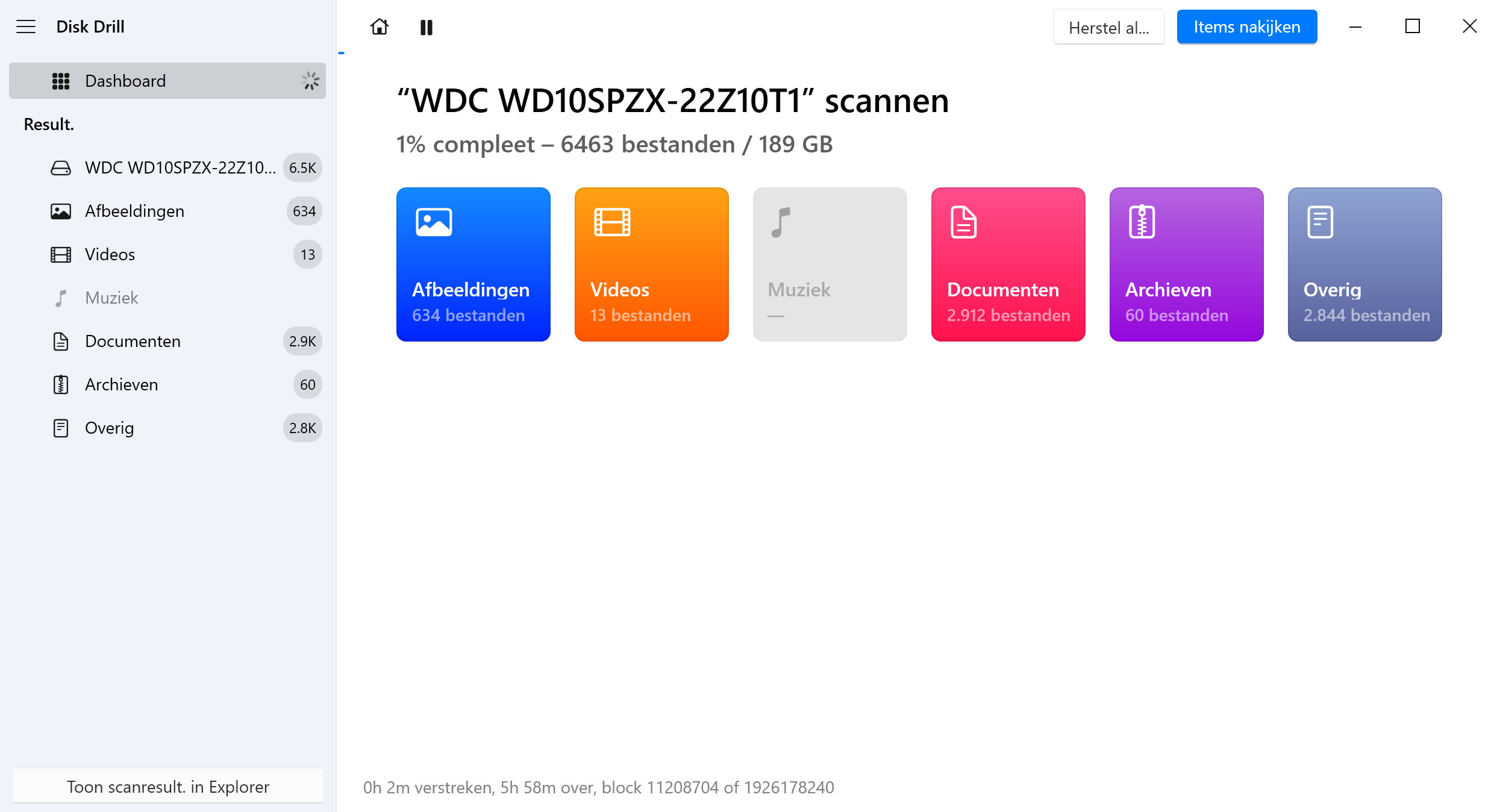 Begin met scannen naar verloren gegevens op de harde schijf