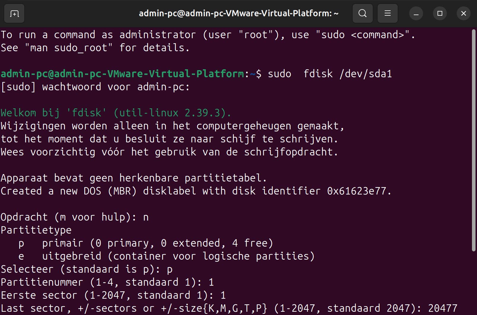 De verwijderde partitie opnieuw maken met fdisk