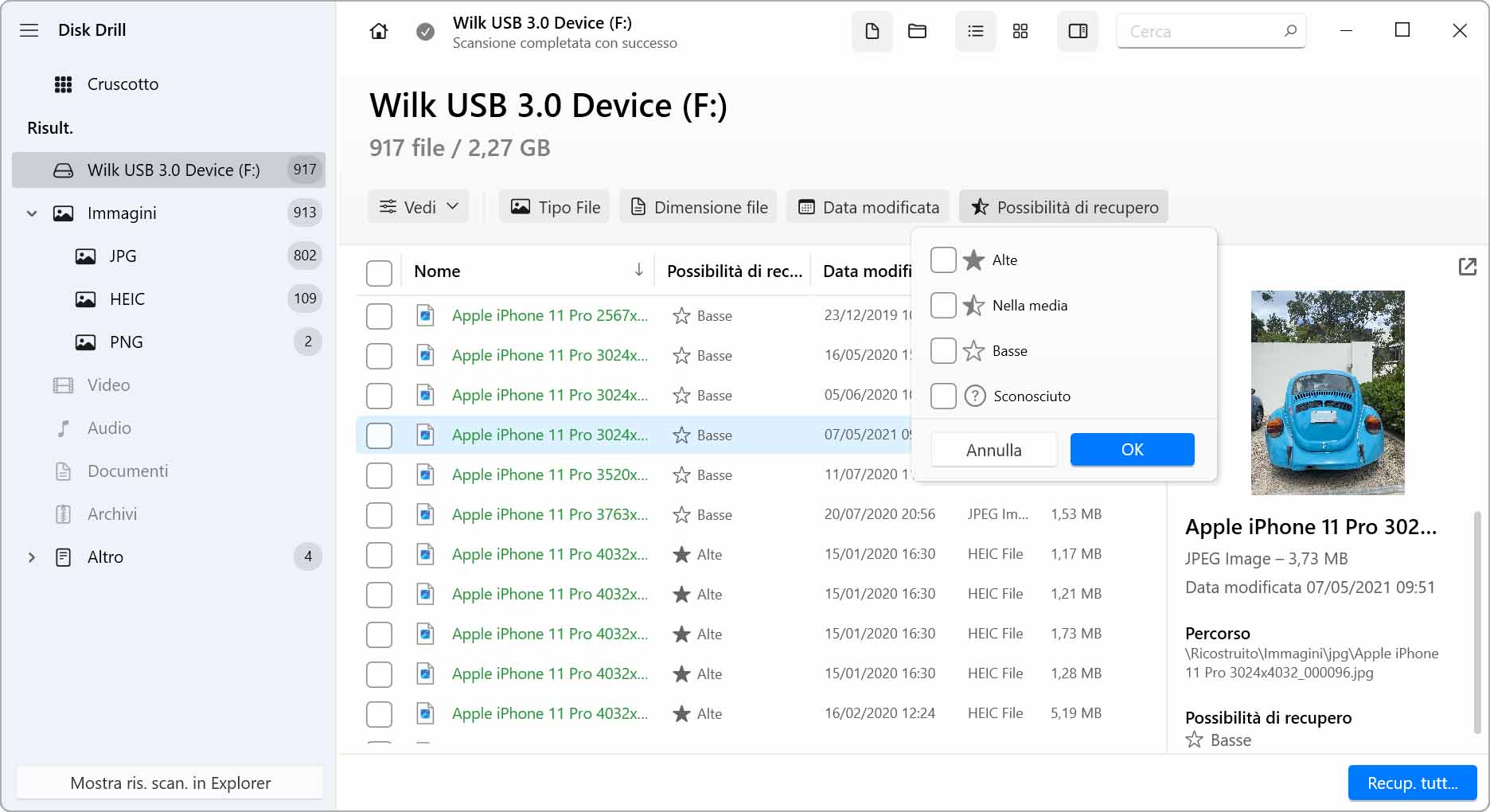 Stima delle Probabilità di Recupero con Disk Drill per Windows