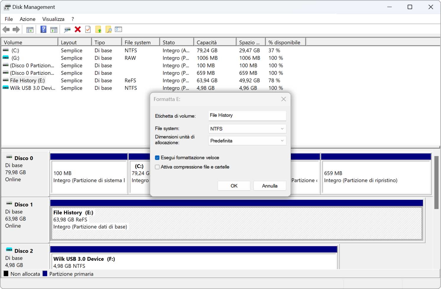 Formatta il Disco in NTFS Usando Gestione Disco