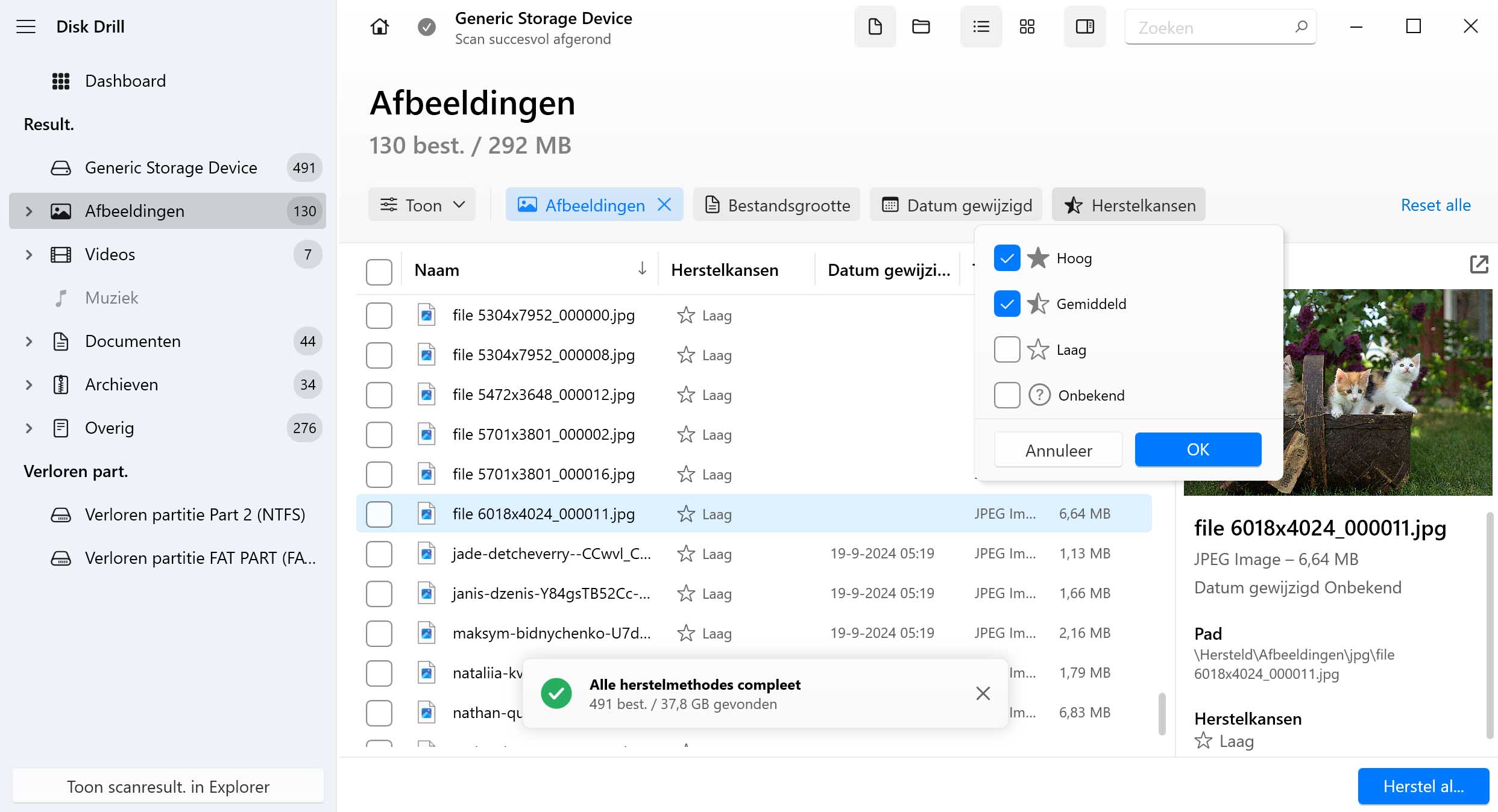 Schatting van Herstelkansen met Disk Drill voor Windows