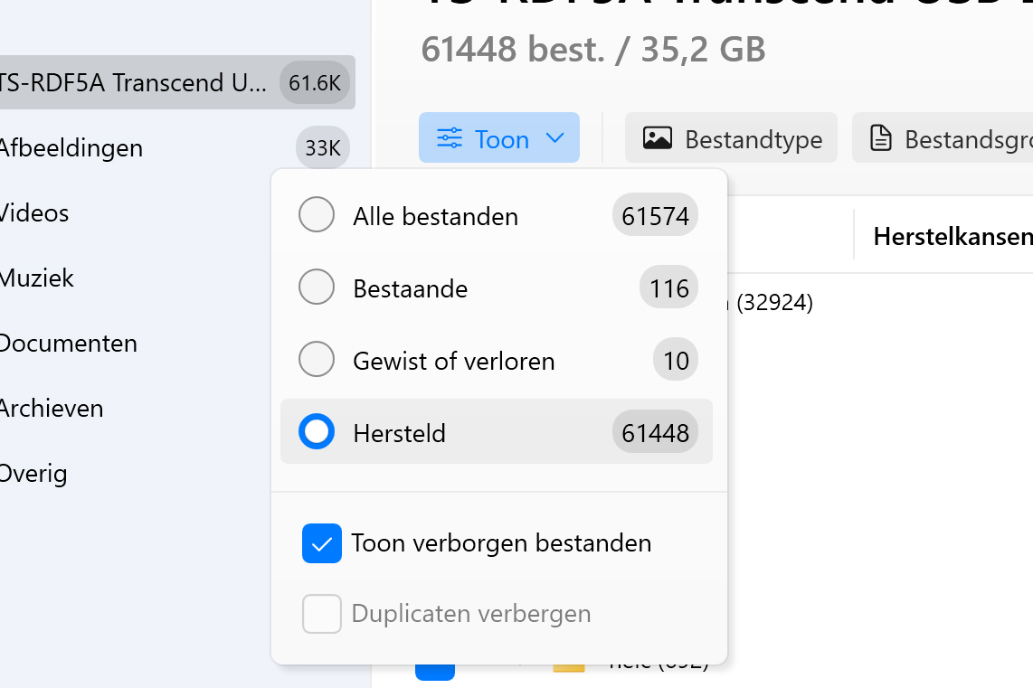 Controleer de sectie Hersteld