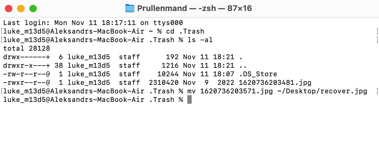 Gebruik de Terminal-app om bestanden uit de Prullenmand te herstellen